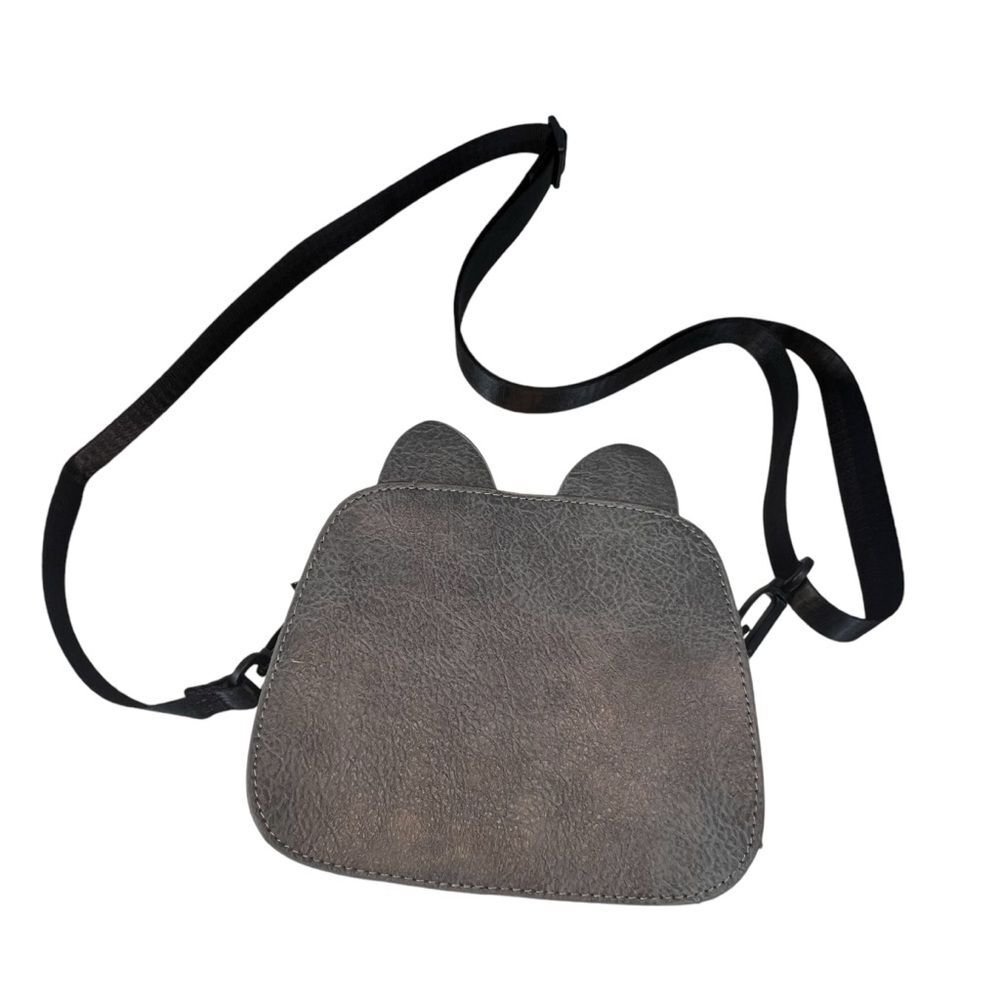 Gray Cat Small Crossbody Purse Bag Faux Leather Adjustable Removable Black Strap